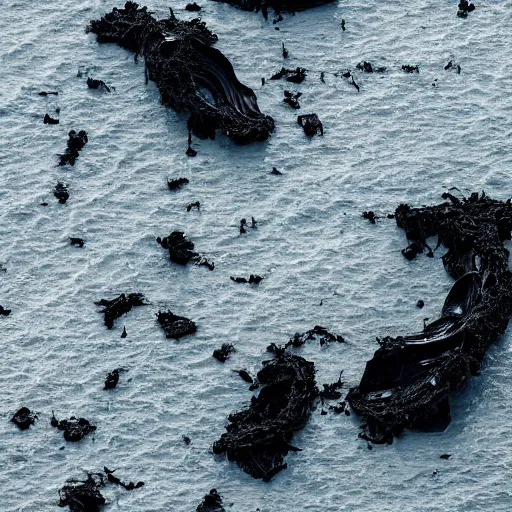 Image similar to airborne view, crashed cargo ship leaking mysterious black gooey liquid, mysterious black slime, black gooey liquid leaking out of crashed cargo ship, apocalyptic, ruined, container ship, crashed, 8 5 mm f / 1. 4