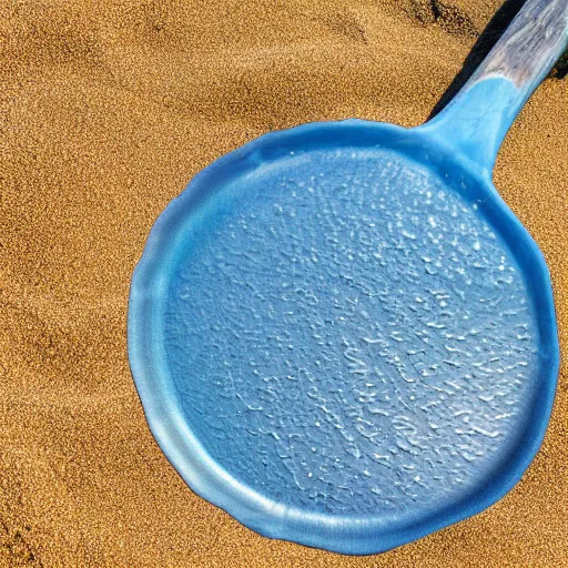 Image similar to distorted woks, placed on a sandy beach, with ocean in the background, photorealistic, 8k