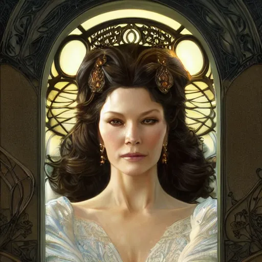 Prompt: beautiful detailed picture of catherine zeta jones, radiant light, art nouveau, intricate, elegant, highly detailed, my rendition, digital painting, artstation, concept art, smooth, sharp focus, illustration, art by artgerm and greg rutkowski and alphonse mucha