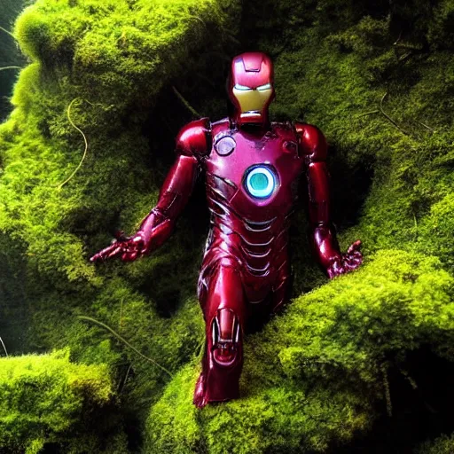 Prompt: rusty iron man suit with moss being reclaimed by nature underwater!!!!, 4 k, spooky