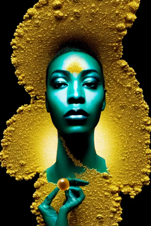 Image similar to hyperrealistic post - dada cinematic very expressive! profile black oshun goddess, shoulders from water!!, mirror dripping droplet!, gold flowers, highly detailed face, digital art masterpiece, smooth eric zener cam de leon, dynamic pearlescent teal light, low angle uhd 8 k, sharp focus