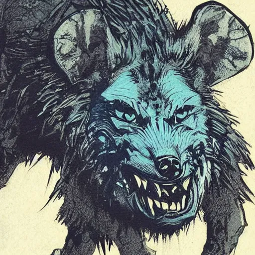 Image similar to blue woodcut print cartoon, gnoll by greg rutkowski, fine details, highly detailed