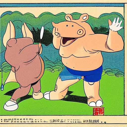 Image similar to men with hippo heads playing badminton, by Ken Sugimori, mono-color