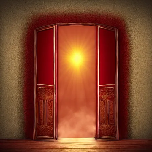 Image similar to The Door to the End, realism, magical, drifting mist, red-and-gold wallpaper