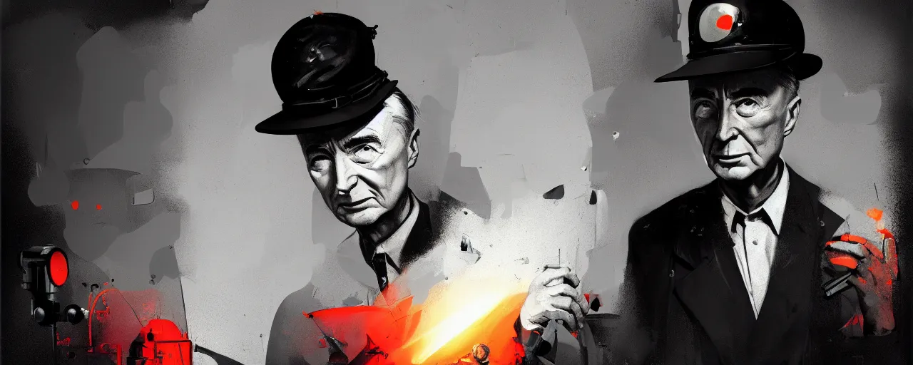 Image similar to duotone noir dark 3 / 4 portrait of j robert oppenheimer in hat with atomic background. cinematic scene film noir. volumetric lighting. golden rario accidental renaissance. by sachin teng and sergey kolesov and ruan jia and heng z. graffiti art, scifi, fantasy, hyper detailed. octane render. concept art. trending on artstation