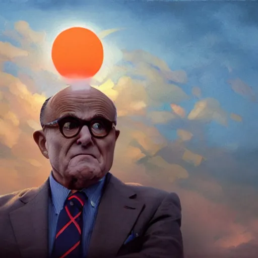 Prompt: the disembodied head of rudy giuliani is floating in the sky and covering the sun. the sky is orange. people on the ground are running away out of fear. a rotoscoped image, comedy, ( ( concept studio ghibli ) ) ( ( by greg rutkowski ) )