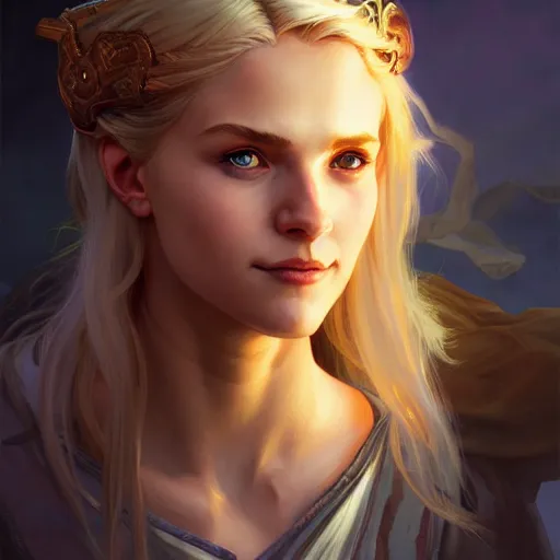 Prompt: an epic fantasy comic book style head portrait painting of a young blonde girl thief, d & d, fantasy, joyful smirk, intricate, elegant, digital painting, artstation, concept art, matte, sharp focus, illustration, art by artgerm and greg rutkowski and alphonse mucha