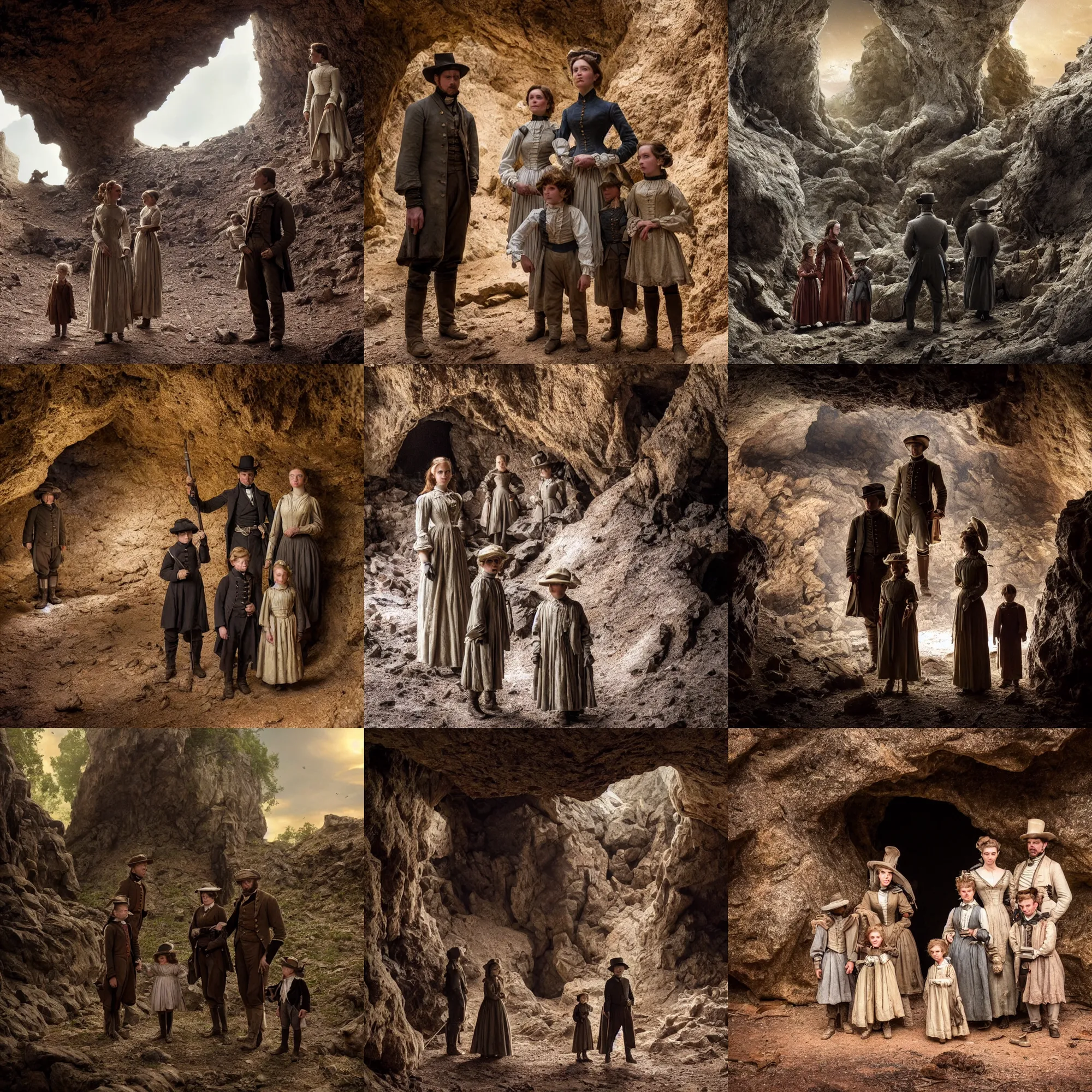 Prompt: sharp, highly detailed, film from a 2 0 1 9 sci fi 8 k movie, set in 1 8 6 0, a family standing outside a cave on a strange alien planet, wearing 1 8 5 0 s era clothes, atmospheric lighting, in focus, reflective eyes, 3 5 mm macro lens, live action, nice composition