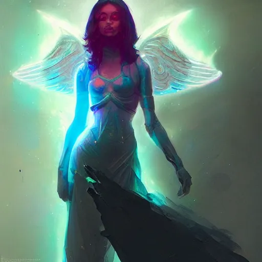 Image similar to portrait of a beautiful dark seraphim female futuristic angel, volume lighting, concept art, by greg rutkowski!!, colorful, xray melting colors!!