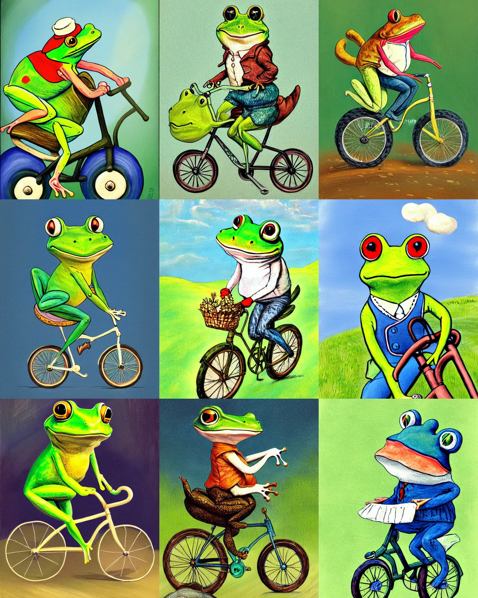 Prompt: painting Frog in old suit riding on bike Illustration from children book Vintage, soft light by Beatrix Potter and Alexander Trufanov and Andrei Riabovitchev and Monia Merlo