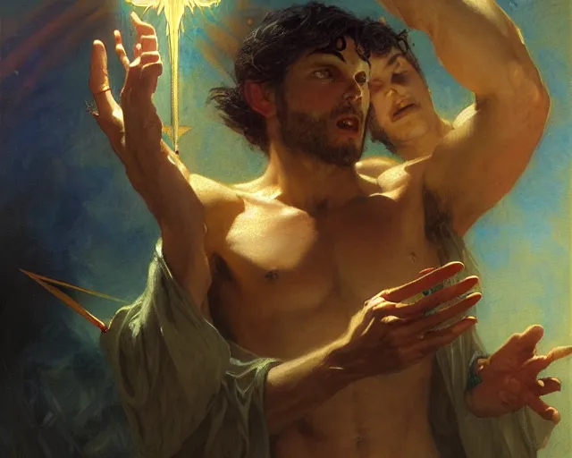 Image similar to attractive male deity, casting demonic magic, summoning handsome lucifer morning star. highly detailed painting by gaston bussiere, craig mullins, j. c. leyendecker 8 k