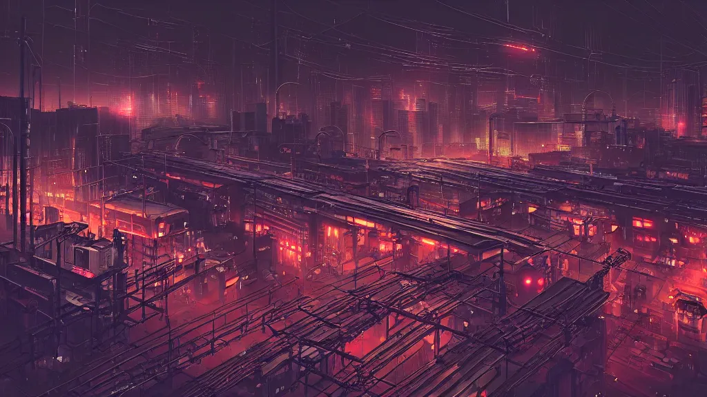 Prompt: cyberpunk industrial site. cyberpunk factories. cyberpunk city backdrop. night. rail tracks with neon edges. lights. cyberpunk industrial area. digital render. digital painting. beeple. noah bradley. cyril roland. ross tran. trending on artstation