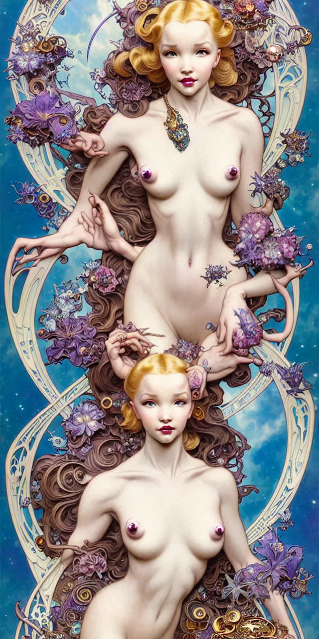 Prompt: beautiful dove cameron art nouveau fantasy character portrait, ultra realistic, intricate details, the fifth element artifacts, highly detailed by peter mohrbacher, hajime sorayama, wayne barlowe, boris vallejo, aaron horkey, gaston bussiere, craig mullins alphonse mucha, art nouveau curves swirls and spirals, flowers pearls beads crystals jewelry goldchains scattered