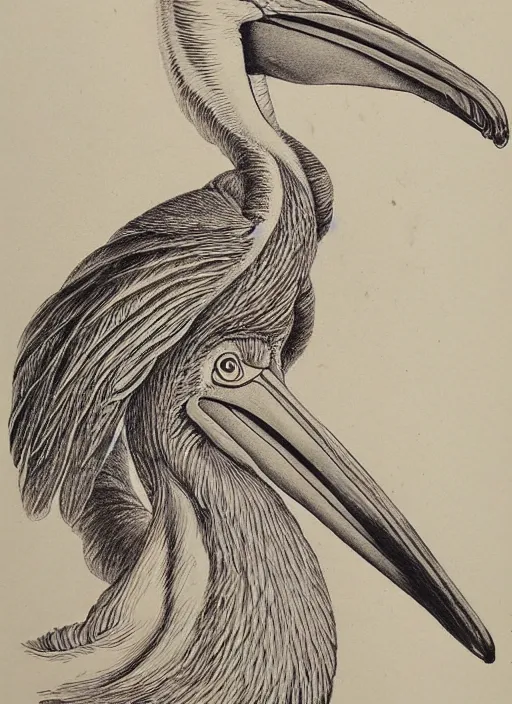 Image similar to pelican portrait, detailed vintage botanical flower feathers, vivid color pencil drawing, Ernst Haeckel