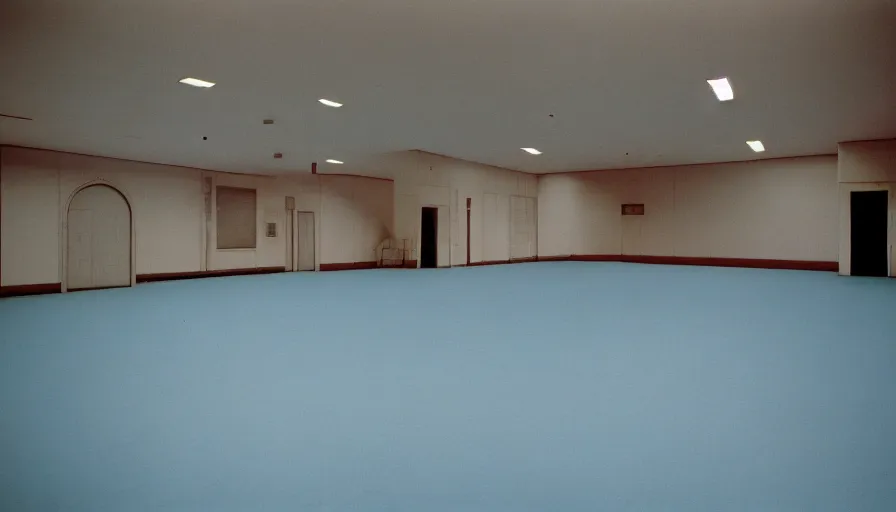 Prompt: 60s movie still of a sovietic stalinist style empty ballroom with one toilet and light blue tiles floor, cinestill 800t 50mm eastmancolor, liminal Space style, heavy grain-s 150