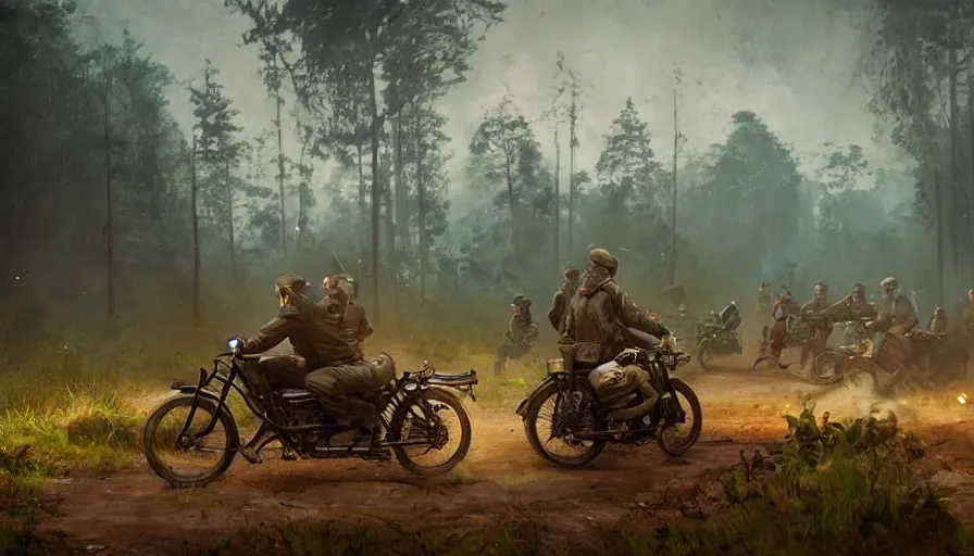 Image similar to british officer driving a motorcycle in 1921 in kerala forest road, tribe members attacking, furious action scene, chase, an epic fantasy, dramatic lighting, cinematic, establishing shot, extremely high detail, photorealistic, cinematic lighting, artstation, by simon stalenhag, horizon forbidden west