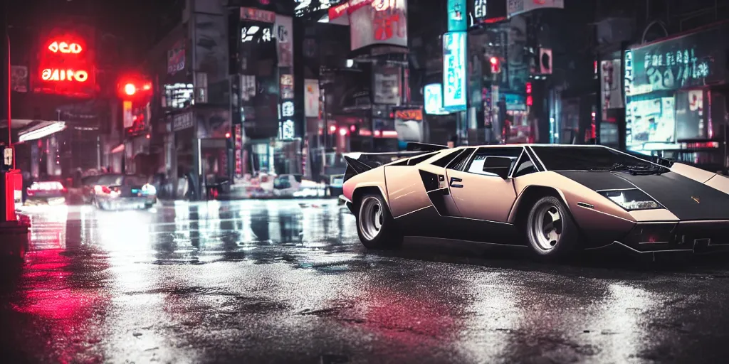 Prompt: photograph of a lamborghini countach parked in a rainy wide tokyo street at night with neon light signs illuminating the scene, sharp focus, highly detailed, ray tracing, cinematic, moody, hdr, 4 k, incredible detail