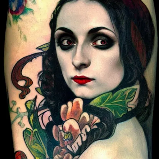 Image similar to A beautiful painting of a lady vampire, colorful arm tattoo, victorian, dracula, ominous, oil on canvas, photorealism, alphonse mucha, caravaggio, irwin penn, high definition, soft light