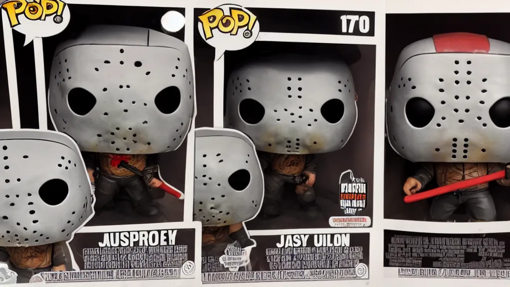 Image similar to a Funko Pop Collectible of Jason Voorhees. Wearing hockey mask, holding axe.