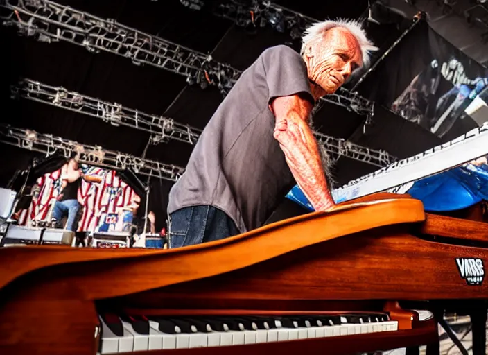 Image similar to photo still of clint eastwood on stage at vans warped tour!!!!!!!! at age 6 8 years old 6 8 years of age!!!!!!!! playing a piano on fire, 8 k, 8 5 mm f 1. 8, studio lighting, rim light, right side key light