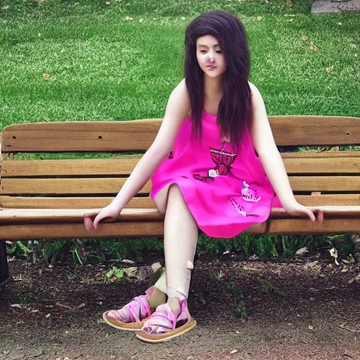 Prompt: photo of a teen girl, sitting on a bench wearing a flower skirt, and hemp sandals, artgerm, extremely high quality, 8 k