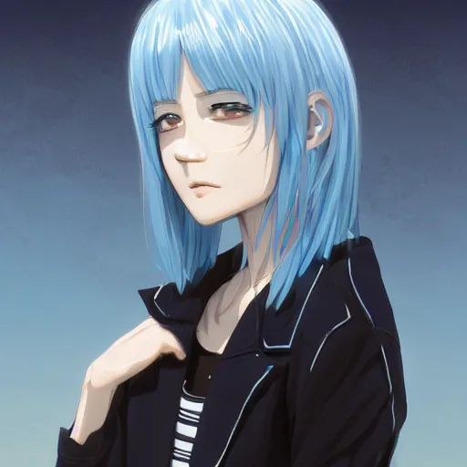 Image similar to side profile of rimuru tempest with sky blue hair, long hair, gold eyes, black jacket with white stripes and a high collar | highly detailed, matte, greek city, professional digital art, concept art, award - winning photography, cinematic, wlop | art by pixiv art, ilya kuvshinov, greg rutkowski, yoshitaka amano