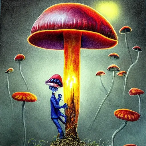 Prompt: a mushroom firefighter, light and shadow, glowing, vivid, detailed painting, by tim burton, high detail, trending on artsation, masterpiece, award winning