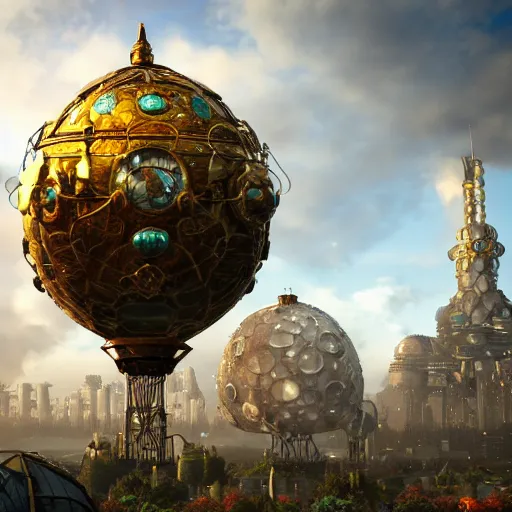 Prompt: enormous flying city in a faberge egg encircled by giant metallic petals, cloudy sky background, steampunk, fantasy art, masterpiece, unreal engine