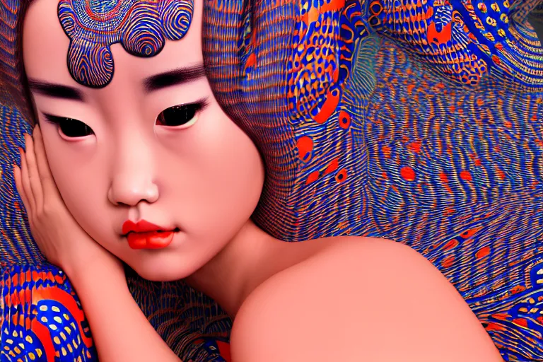 Image similar to hyperrealistic detailed image of a geisha laying in a art installation room, interior by yayoi kusama, part by kei mieno, part by alex gray, part by ross tran, part by james jean, ultra realistic, highly detailed, life like face, detailed body, 8 k, octane render, trending on artstation, very cohesive, masterpiece