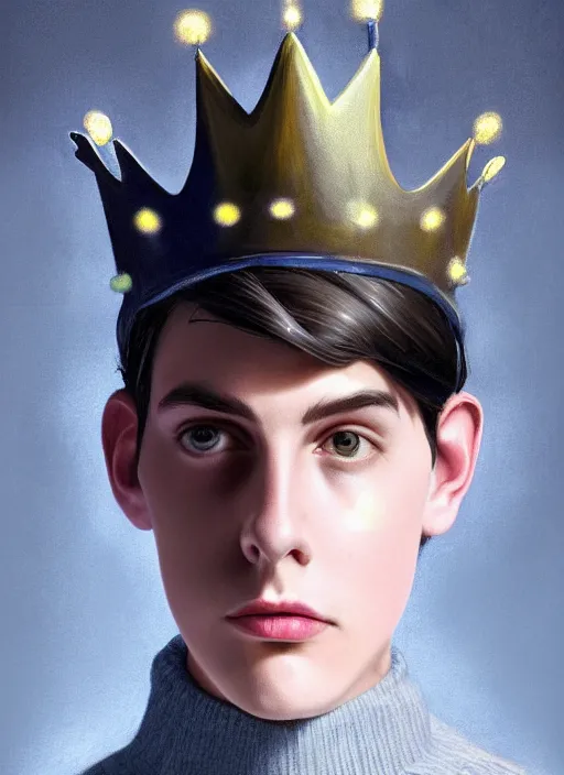 Image similar to portrait of teenage jughead jones wearing a light grey crown, crown, blue turtleneck, 1 9 5 0 s, closed eyes, photorealistic, black hair, glowing lighting, intricate, elegant, glowing lights, highly detailed, digital painting, artstation, concept art, smooth, sharp focus, illustration, art by wlop, mars ravelo and greg rutkowski