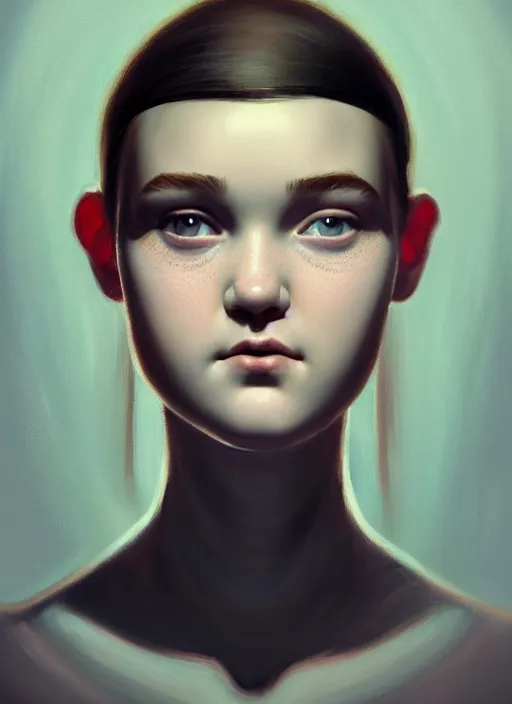 Prompt: portrait of teenage shannon purser, narrow face, dark eyebrows, black hair, bangs, half updo hairstyle, intricate, elegant, narrower face, slightly defined jawline, glowing lights, highly detailed, subtle awkward smile, digital painting, artstation, concept art, smooth, sharp focus, illustration, art by wlop, mars ravelo and greg rutkowski