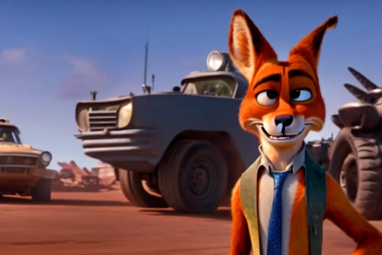 Image similar to nick wilde ( from zootopia ), heavily armed and armored facing down armageddon in a dark and gritty reboot from the makers of mad max : fury road