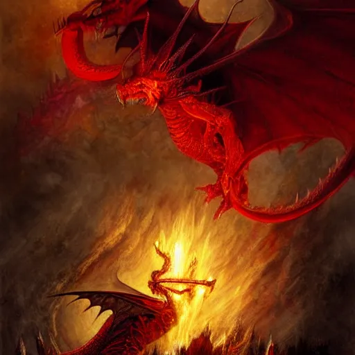 Prompt: epic fantasy painting of red dragon breathing fire towards knight, by john avon, by seb mckinnon, high detail, fantasy battle, by jeff miracola