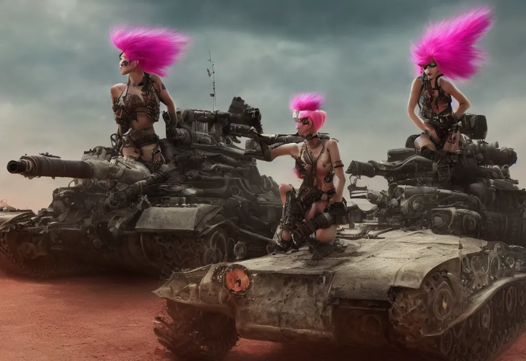 Image similar to beautiful apocalyptic tank girl with pink Mohawk, posing on mad max panzer tank, 4k ultra hd, fantasy dark art, artstation, octane render