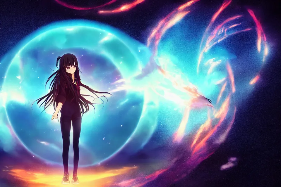 Prompt: Anime key visual of a brunette girl walking through a portal between worlds, surrounded by cosmic skies, official media, trending on artstation