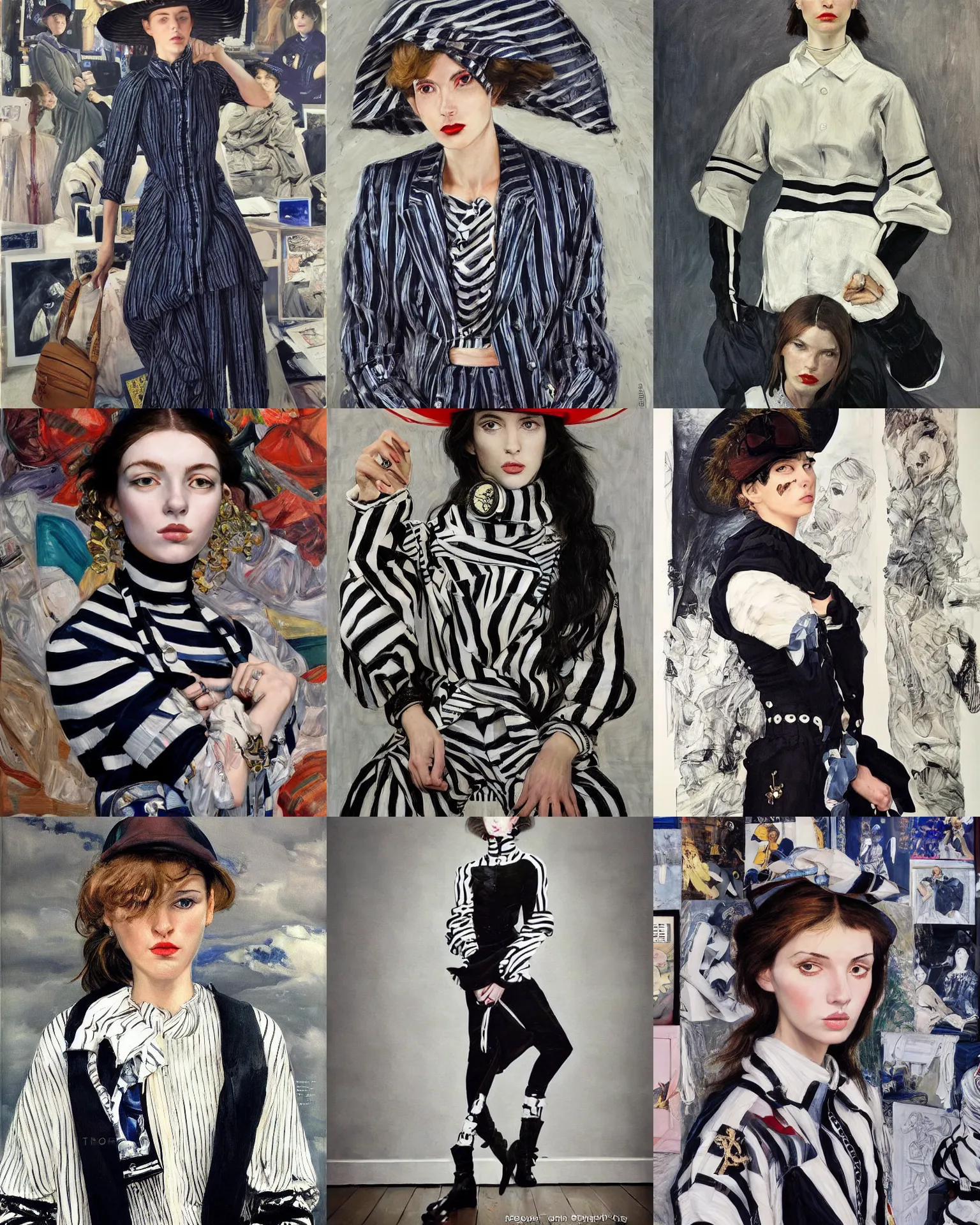 Prompt: a highly - detailed modern streetwear dark nautical full - length portrait painting. james tissot, vogue magazine, zinaida serebriakova, edward hopper, annie leibovitz. a modern!!!!! 2 0 1 0 s vogue fashion photography portrait, studio photography portrait, simple background, fully - clothed!!!.