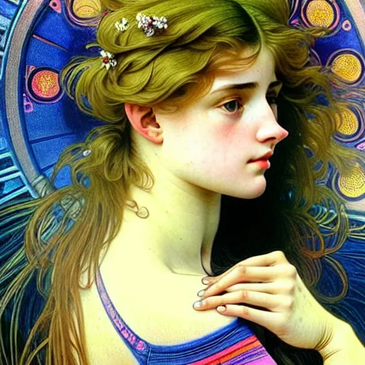 Prompt: student girl, ultra detailed painting at 1 6 k resolution and epic visuals. epically beautiful image. amazing effect, image looks crazily crisp as far as it's visual fidelity goes, absolutely outstanding. vivid clarity. ultra. iridescent. mind - breaking. mega - beautiful pencil shadowing. beautiful face. ultra high definition, alphonse mucha and artgerm