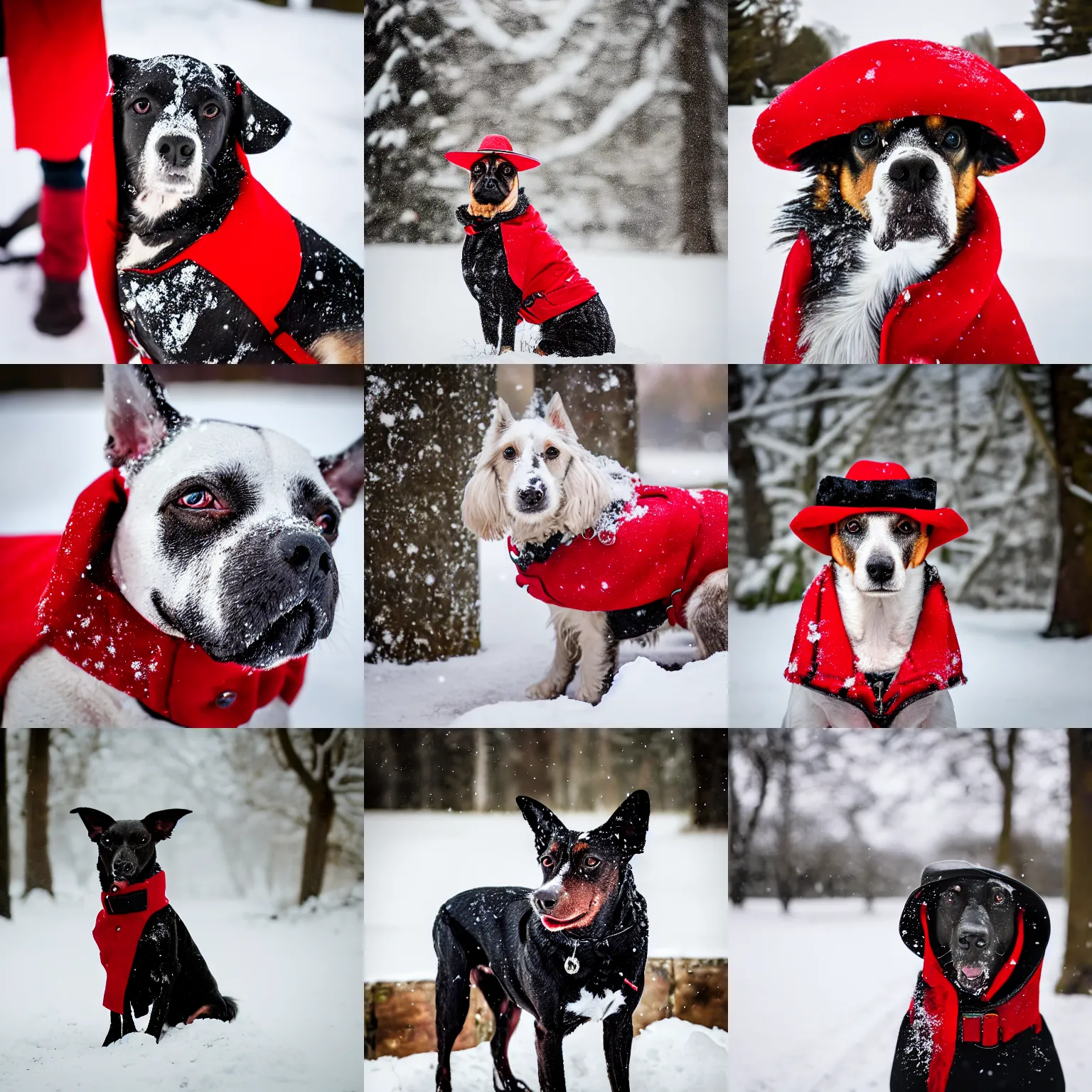 Prompt: a portrait of a yorkshire dog wearing a red coat and a black cowboy hat in the snow, Sigma 85mm f/1.4, yorkshire dog, yorkshire