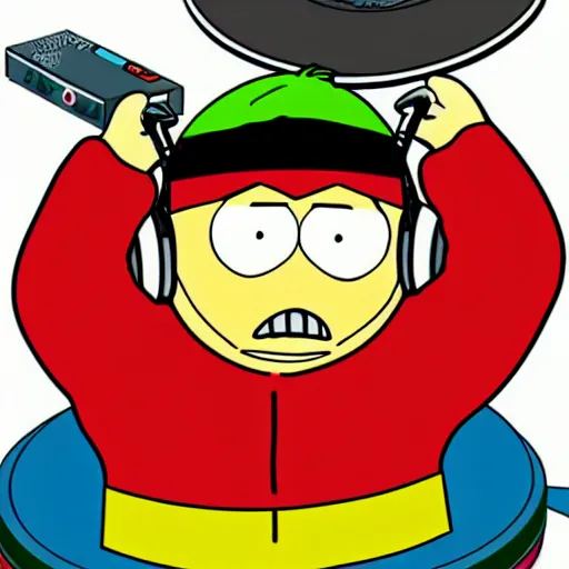 Image similar to svg sticker of a Dancing-Eric-Cartman-Southpark, at a rave, spinning records, giant headphones rocking out, wearing headphones, huge speakers, dancing, rave, DJ, spinning records, digital art, amazing composition, rule-of-thirds, award-winning, trending on artstation, featured on deviantart