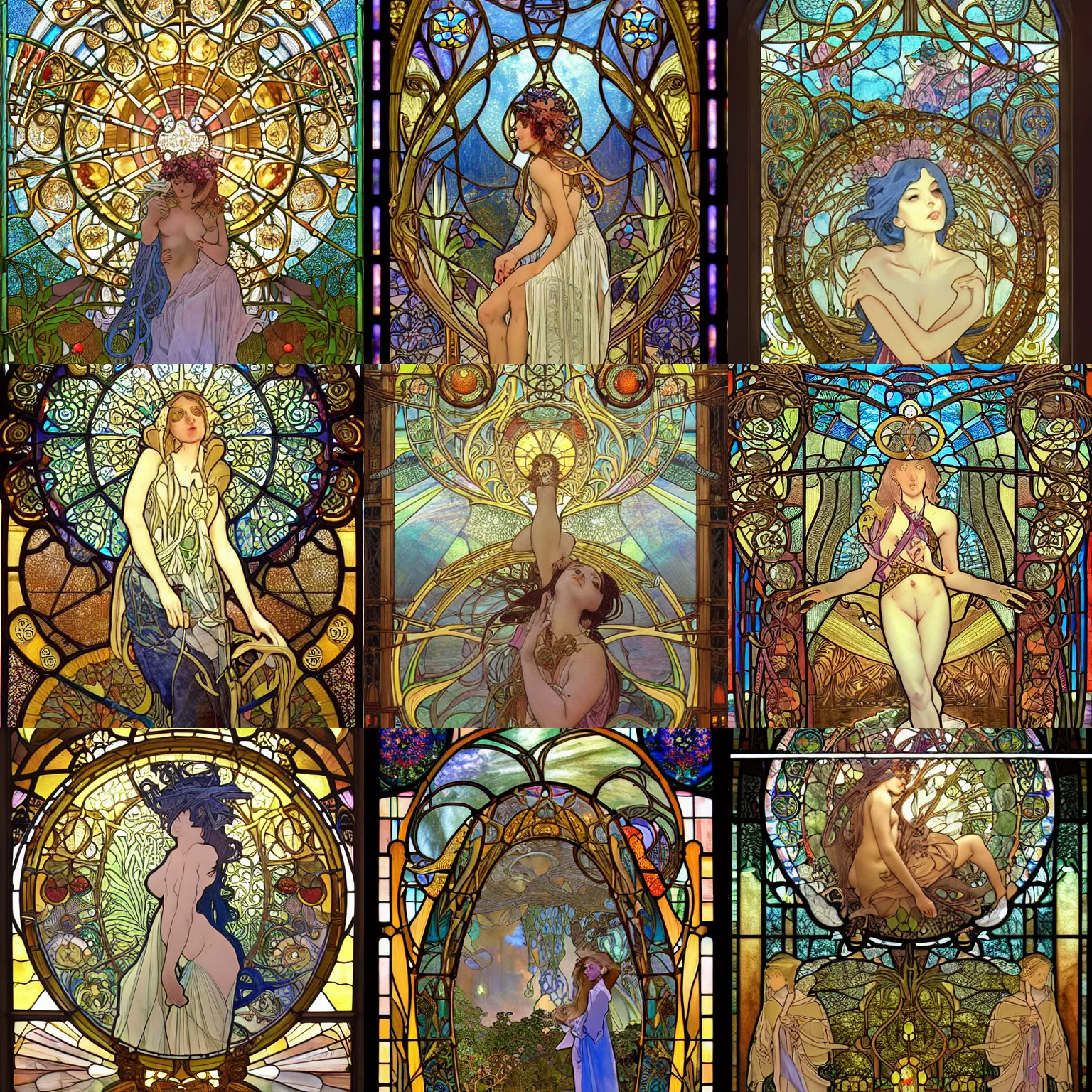 Prompt: !dream garden of eden, stained glass window, well lit, intricate details, surrealism, golden light, digital painting by Alphonse Mucha, peter mohrbacher, moebius, daniel taylor, darius puia, and studio ghibli, neoclassicism, renaissance, toon shading, ornate, elaborate, 8k, anime