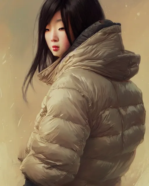 Image similar to a beautiful chinese woman in down jacket ， a goose ， winer ， wenjun lin intricate, elegant, highly detailed, digital painting, artstation, concept art, matte, sharp focus, illustration, hearthstone, art by artgerm and greg rutkowski and alphonse mucha