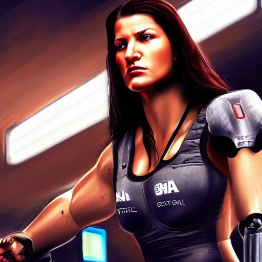 Prompt: beautiful digital painting of gina carano with a robotic arm, cyberpunk, highly detailed, hyperrealism, concept art