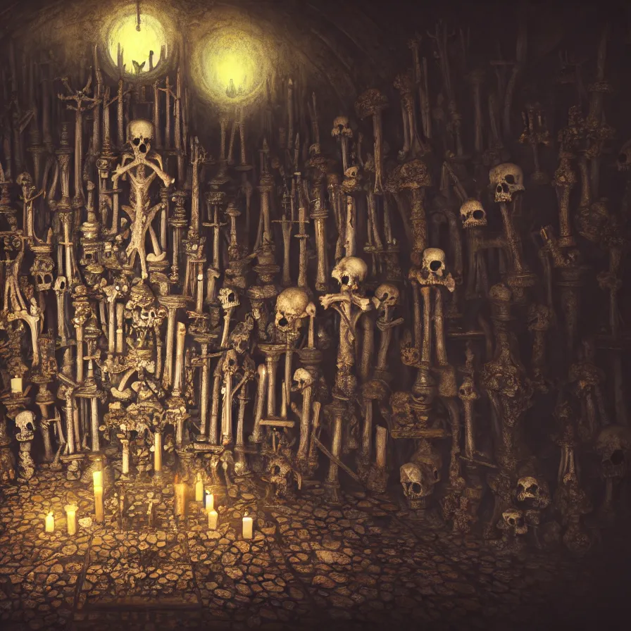 Image similar to full color, low ultrawide interior shot of sedlec ossuary, bones, anime style mixed with fujifilm, oil on canvas, hdr, dark, foggy, atmospheric, artstation, cgsociety, octane render, cgi, denoise, detailed, cinematic masterpiece