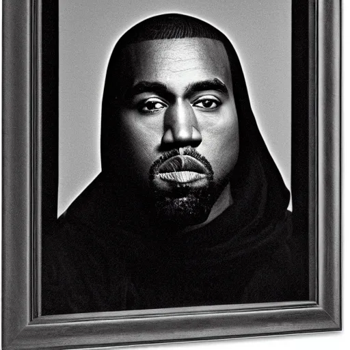 Image similar to a chiaroscuro lighting portrait of kanye west dressed as rick owens, black background, portrait by julia margaret cameron, shallow depth of field, 8 0 mm, f 1. 8