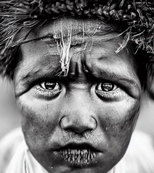 Image similar to Award winning reportage photo of Tuvalu Natives with incredible hair and beautiful hyper-detailed eyes wearing traditional garb by Lee Jeffries, 85mm ND 5, perfect lighting, gelatin silver process