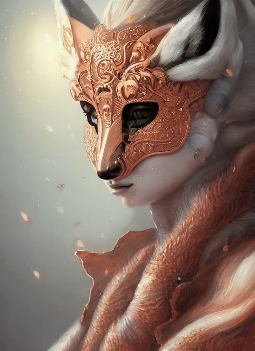 Image similar to a beautiful detailed oil on copper art illustration of a japanese kitsune mask woman, centered, by charlie bowater, zeng fanzh, trending on artstation, dim dusk lighting, cinematic lighting, detailed lighting, volumetric lighting, realistic, f 8, 4 k hd wallpaper