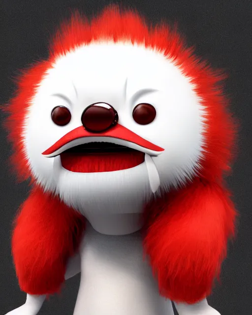 Image similar to 3 d render of completely red hairy friendly antropomorphic cartoony creature wearing chrome shades, without nose, full body, simple, cute, white background, unreal engine 5, octane render, highly detailed hdr