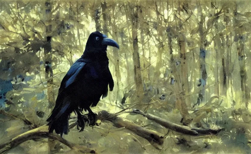 Image similar to oil painting by anders zorn, raven in forest, very very very very beautiful art, dramatic light, strong shadows, shiny blue black feathers, amber eyes, glowing