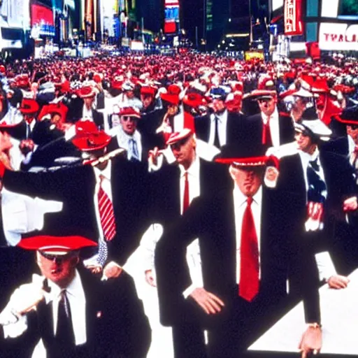 Image similar to still of donald trump clones invading time square, wearing maga hats, in american psycho ( 1 9 9 9 )