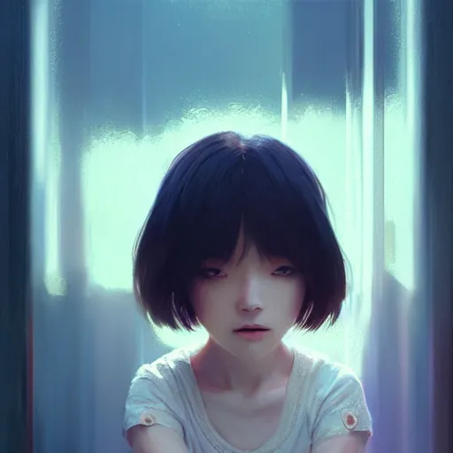 Image similar to very small little girl by ross tran : : reaching into their reflection in the mirror by sana takeda : : rtx reflections, very high intricate details, digital anime art by wlop, medium shot, mid - shot, composition by ilya kuvshinov, lighting by greg rutkowski